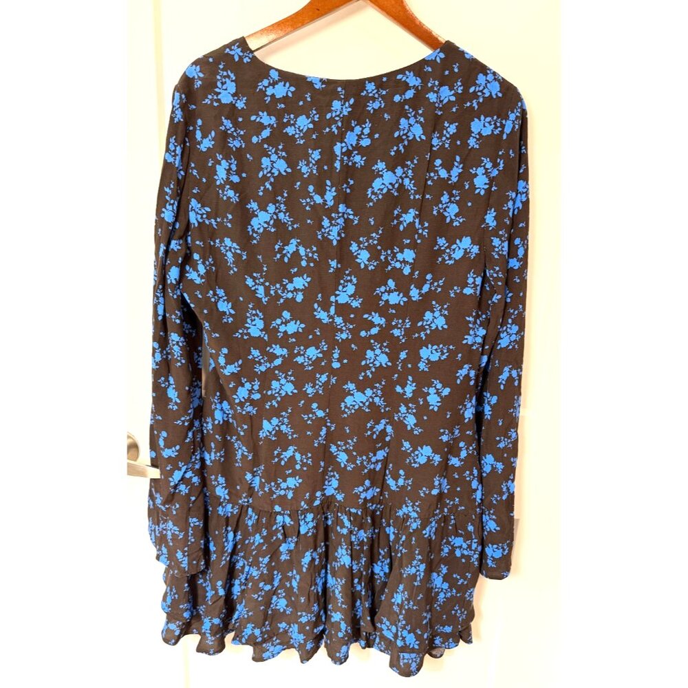 ZARA BLUE DARK BROWN FLORAL PRINT V-NECK MINI RUFFLED HEM DRESS SZ L NWT - Picture 3 of 13